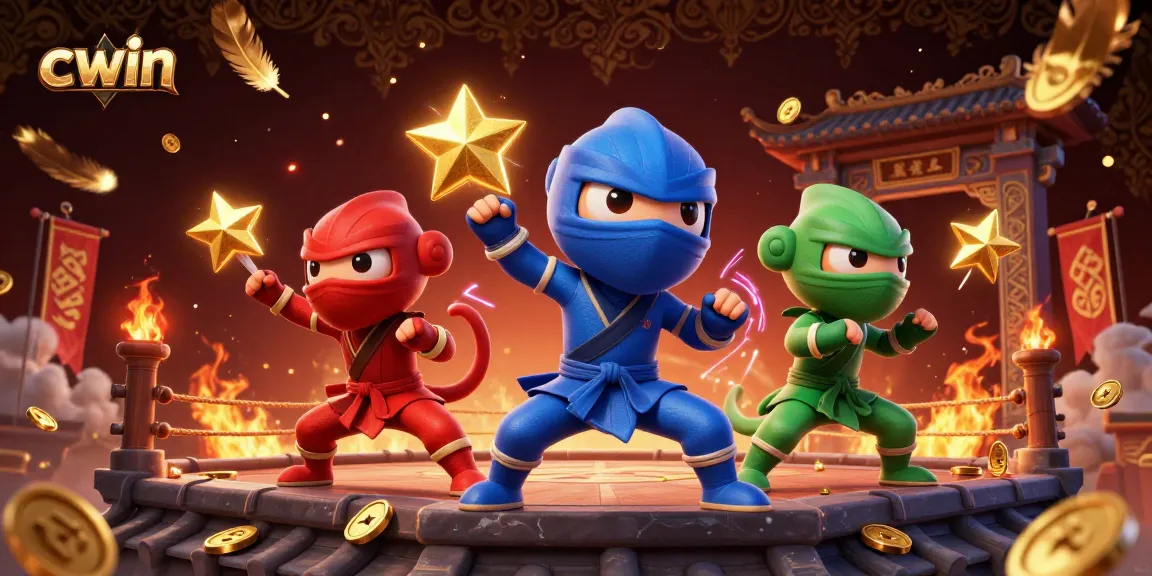 Cwin showcases a vibrant illustration of a chameleon ninja team in action, capturing excitement in a dynamic casino atmosphere.