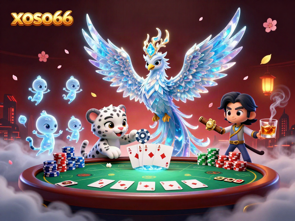 Win big with xoso66 at a vibrant, dynamic casino scene filled with colorful poker elements.
