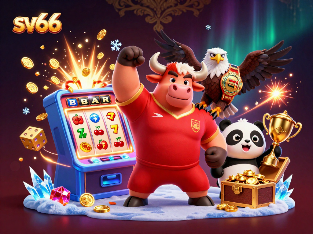 sv66 celebrates wins with a vibrant 3D casino scene featuring a victorious bull mascot, jackpot slots, and cheerful panda