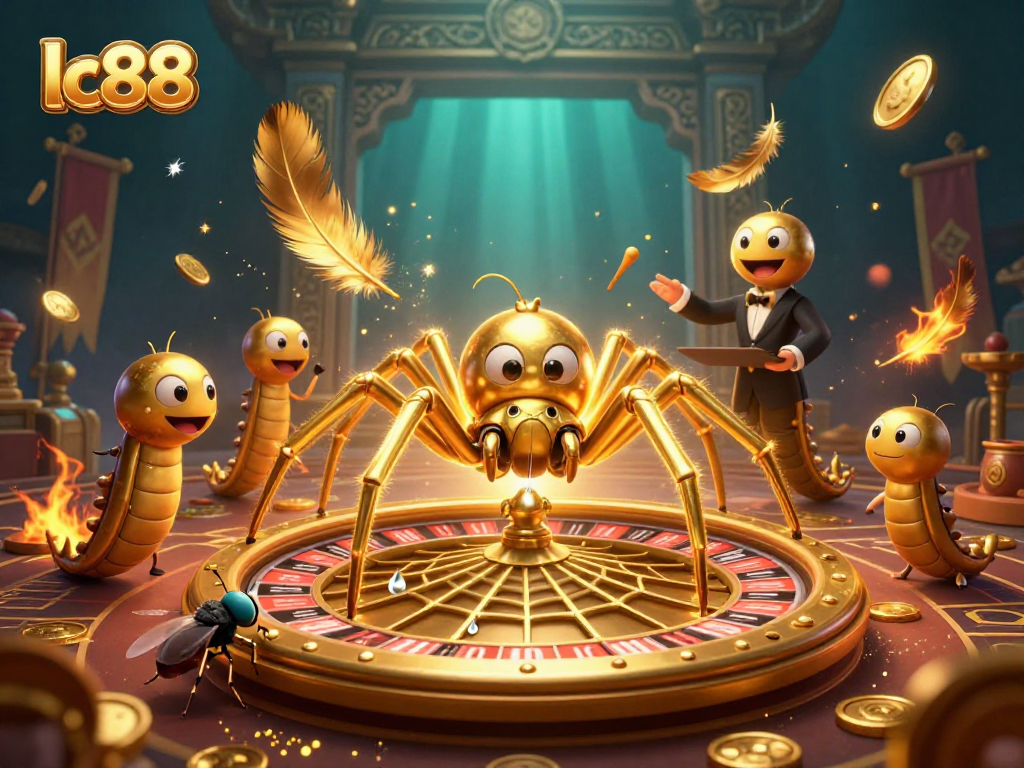 Experience thrilling bets at lc88 with a lively spider and croupier in a vibrant casino scene.