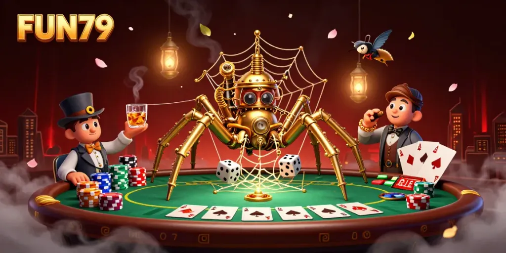 Experience the excitement at FUN79 with a vibrant 3D casino scene depicting a golden spider and poker fun.
