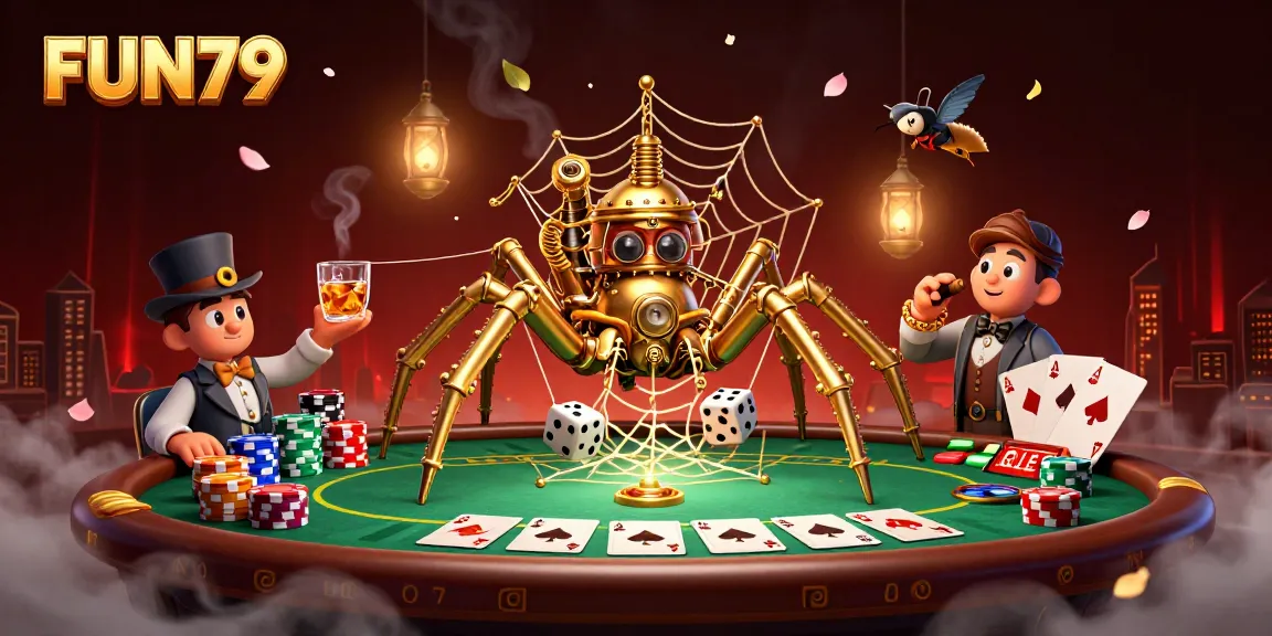 Experience the excitement at FUN79 with a vibrant 3D casino scene depicting a golden spider and poker fun.