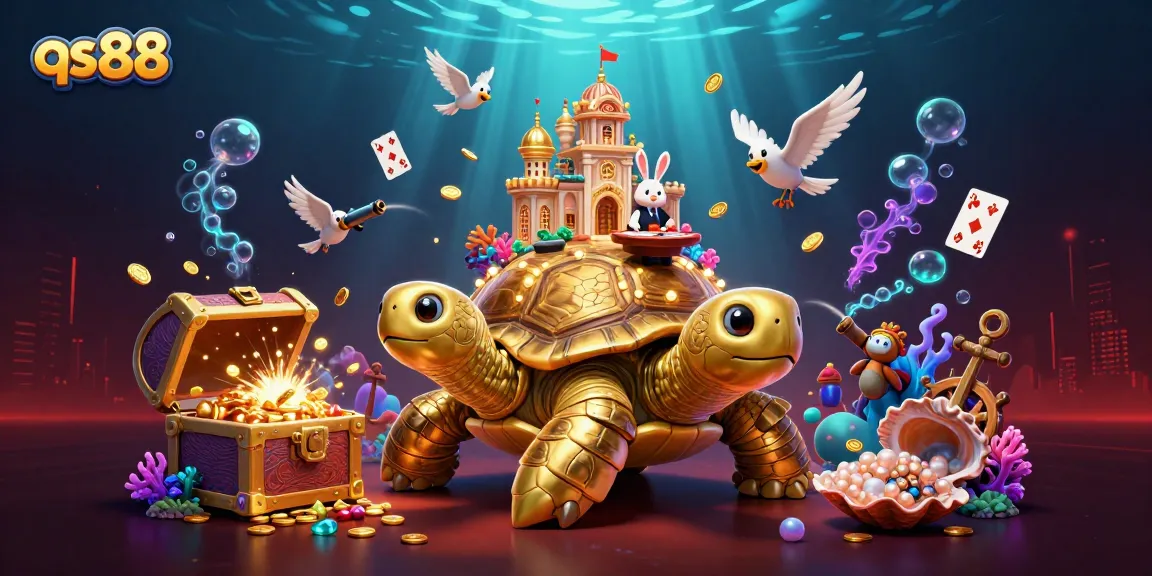 Engage with the dynamic qs88 casino scene featuring a golden tortoise and rabbit dealer amidst a treasure-filled backdrop.