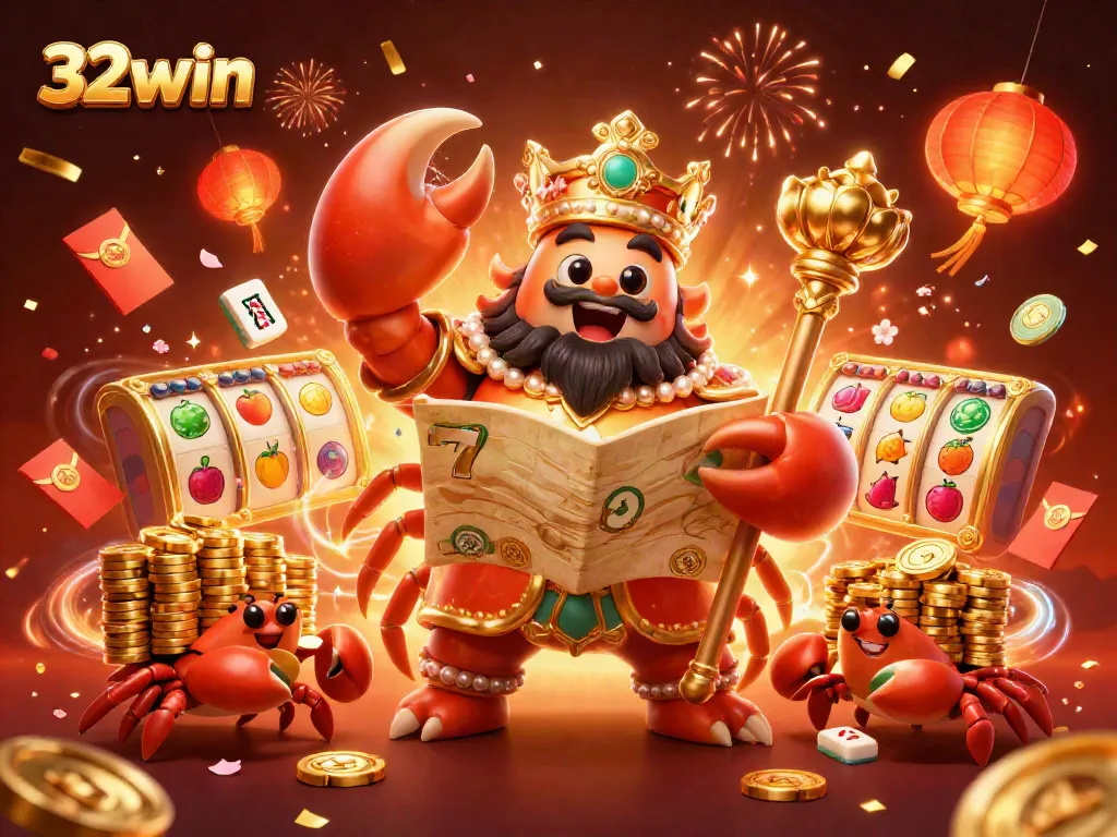 Engage in winning strategies at 32win with our vibrant 3D casino scene showcasing games and golden treasures.