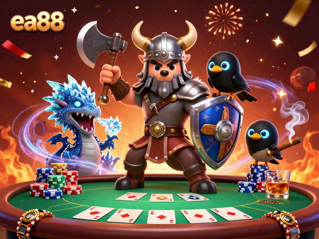 Engage in thrilling gaming at ea88 with a Viking warrior, dragon, and raven amidst a vibrant poker scene.