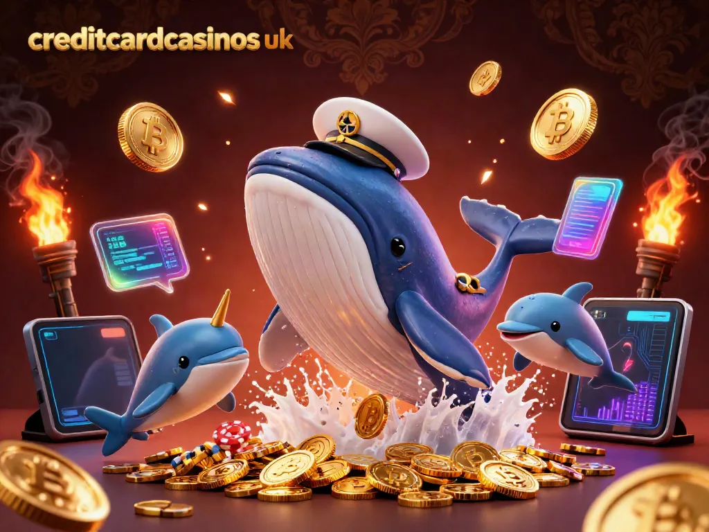 Experience the excitement of creditcardcasinosuk with a whale, narwhal, and dolphins in a vibrant 3D casino scene.