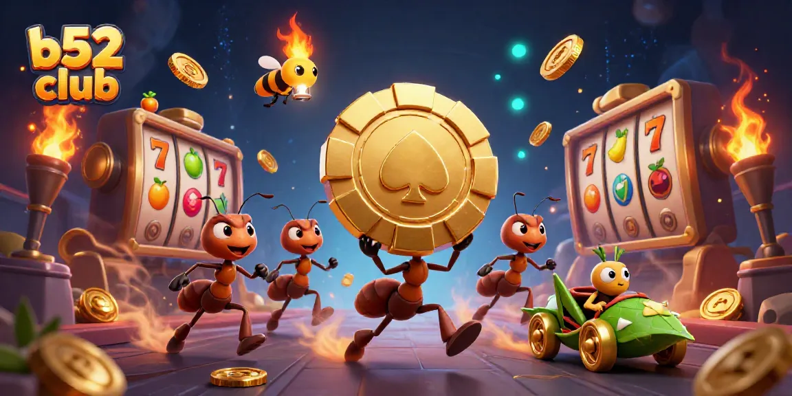 Experience thrilling gameplay at b52 club with ants in a heist, showcasing vibrant slot reels and golden elements.