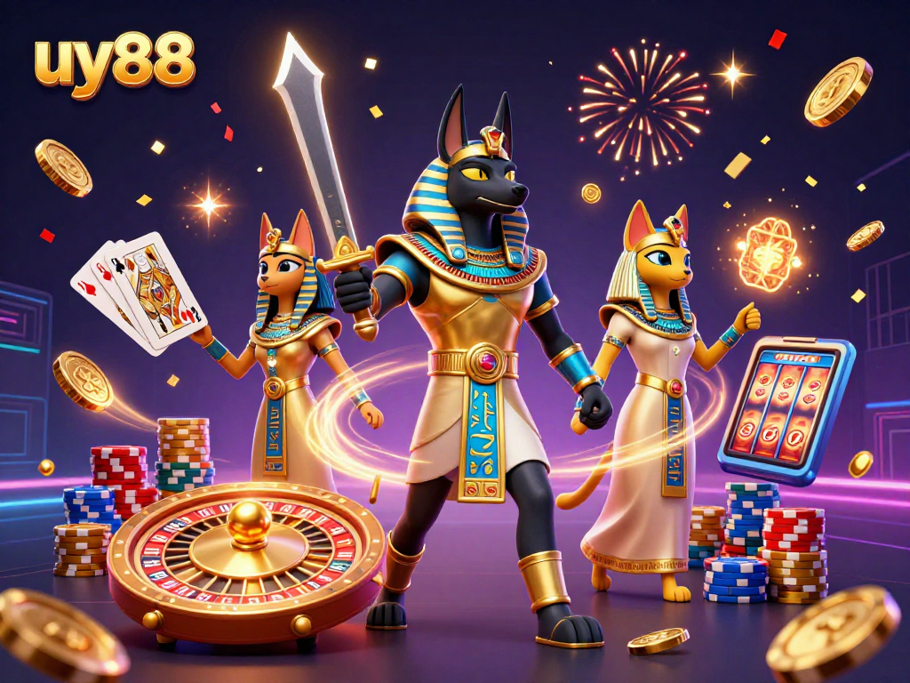 Winning big at uy88 with Anubis and Bastet amidst a vibrant casino scene.