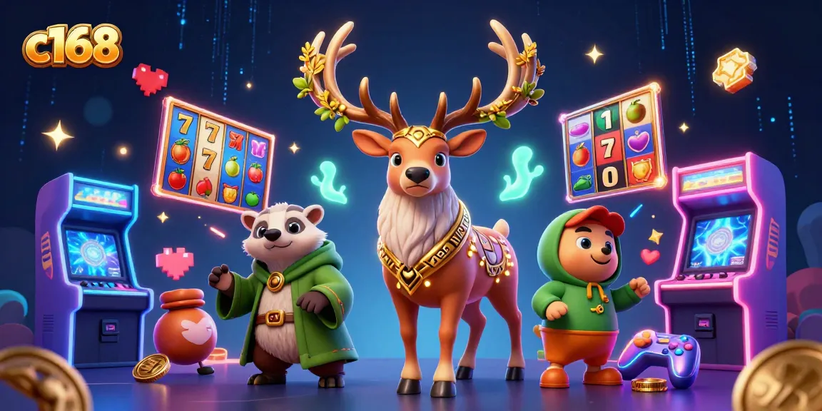 c168 showcases vibrant slot reels and characters amid a magical gaming landscape.