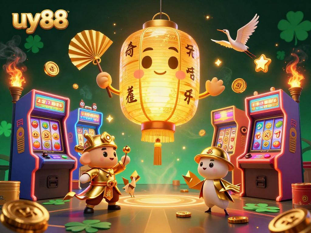 Spin the reels and enjoy winning moments with uy88 in this vibrant casino-themed 3D illustration.