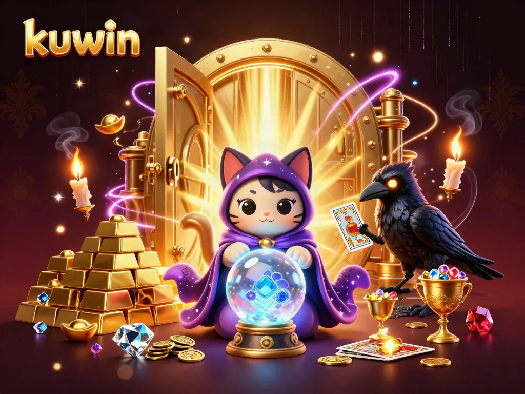 Kuwin's mystic cat and raven unveil riches in a vibrant casino scene.