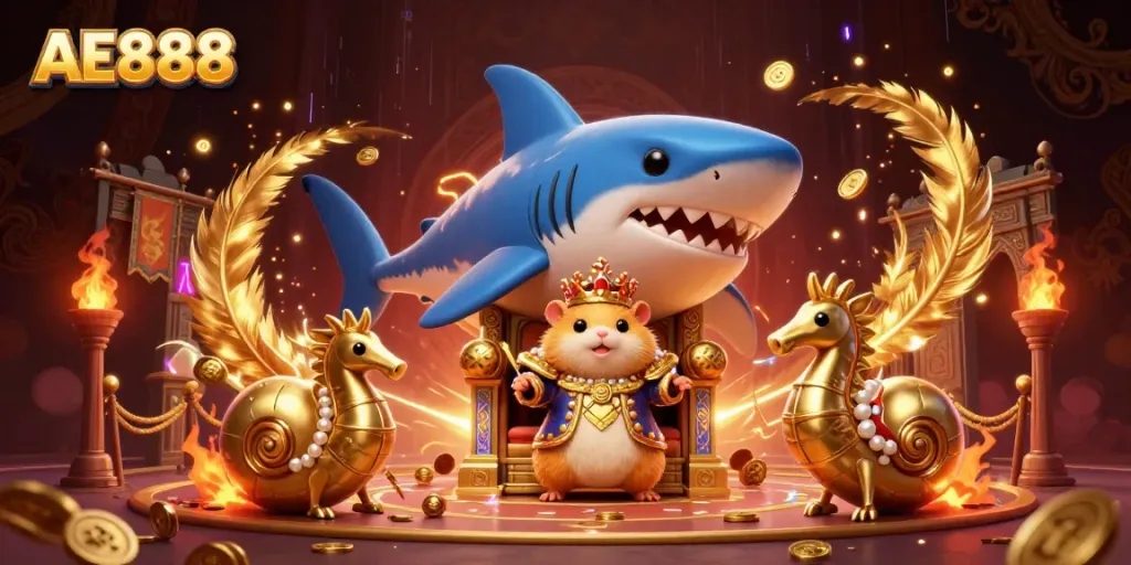 Experience AE888 excitement with a fierce golden hamster king and intricate casino elements.