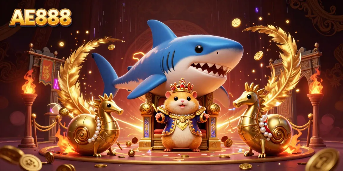 Experience AE888 excitement with a fierce golden hamster king and intricate casino elements.