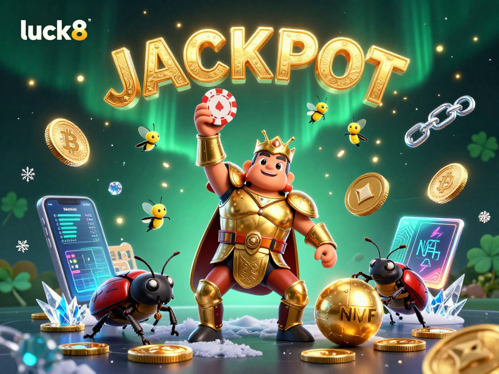 Win at luck8 with 3D beetles celebrating the jackpot surrounded by crypto coins.