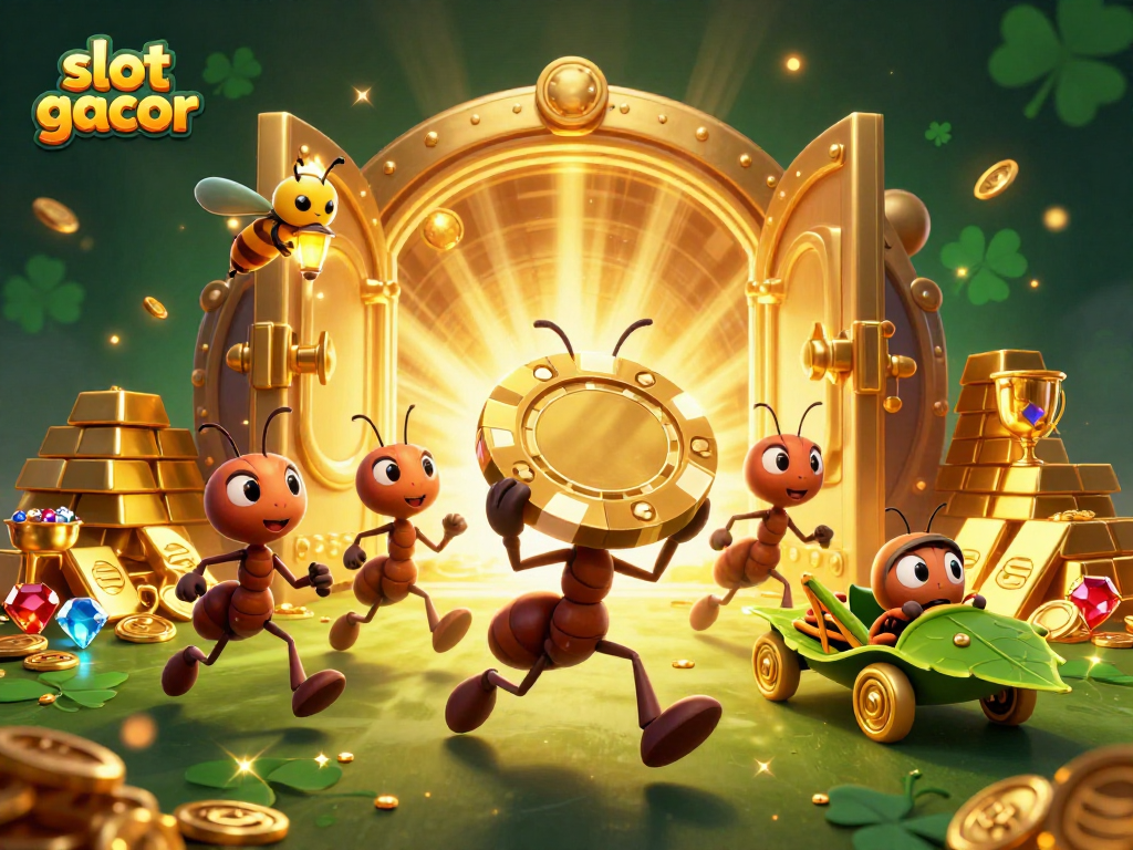 Experience thrilling gameplay with slot gacor as ants carry a giant poker chip, surrounded by treasures and treasures.