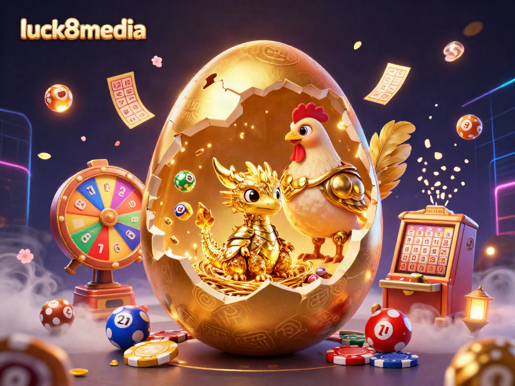 Visualize engaging luck8media casino activity with a golden dragon and lottery elements.