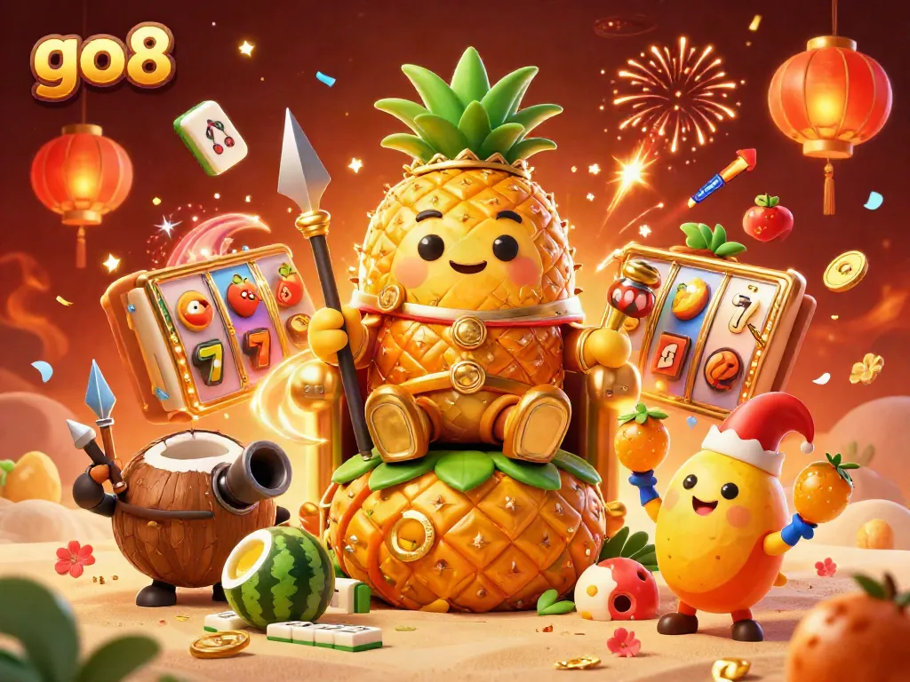 Exciting go8 casino scene with a pineapple king, coconut guards, and slot reels spinning