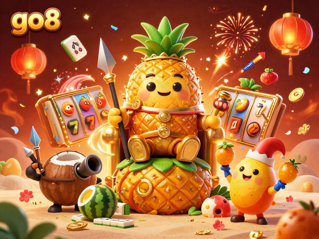 Exciting go8 casino scene with a pineapple king, coconut guards, and slot reels spinning