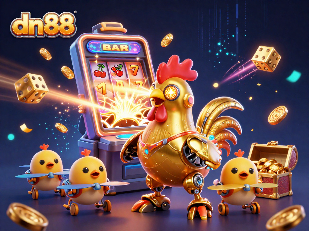 Experience thrilling gameplay with dn88's exciting 3D illustration of a golden rooster robot and baby chick drones.