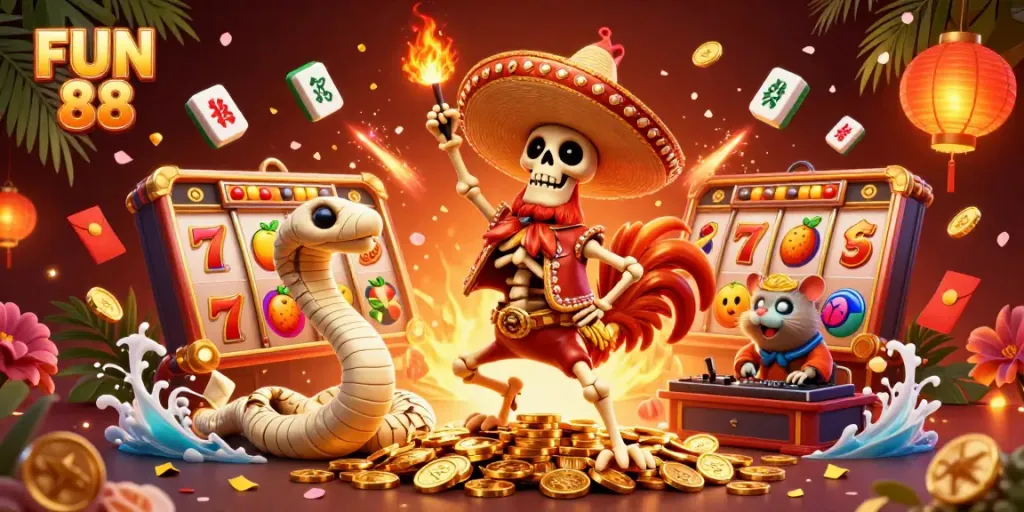 Experience the thrill of FUN 88 with a vibrant casino scene showcasing dynamic elements and characters.