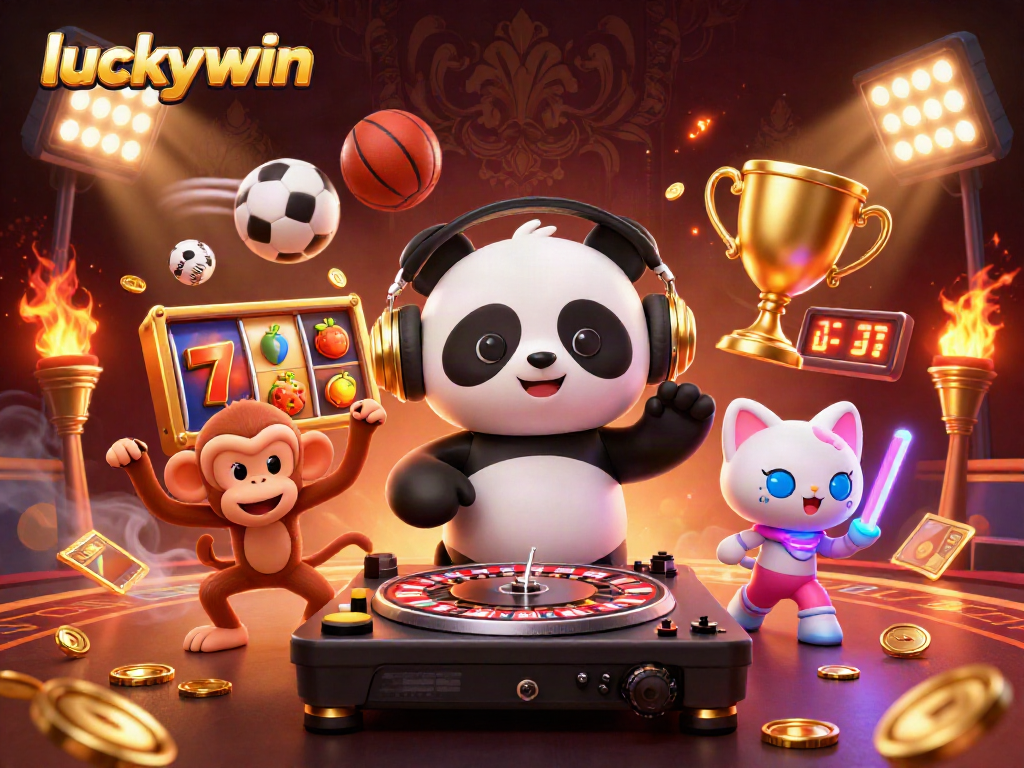 Experience the exciting world of luckywin, featuring a DJ panda and a breakdancing monkey amidst thrilling gambling elements.