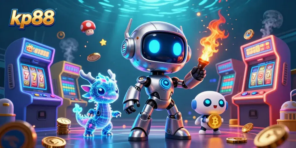 Experience the excitement of kp88 with vibrant 3D characters in a dynamic casino scene filled with games.
