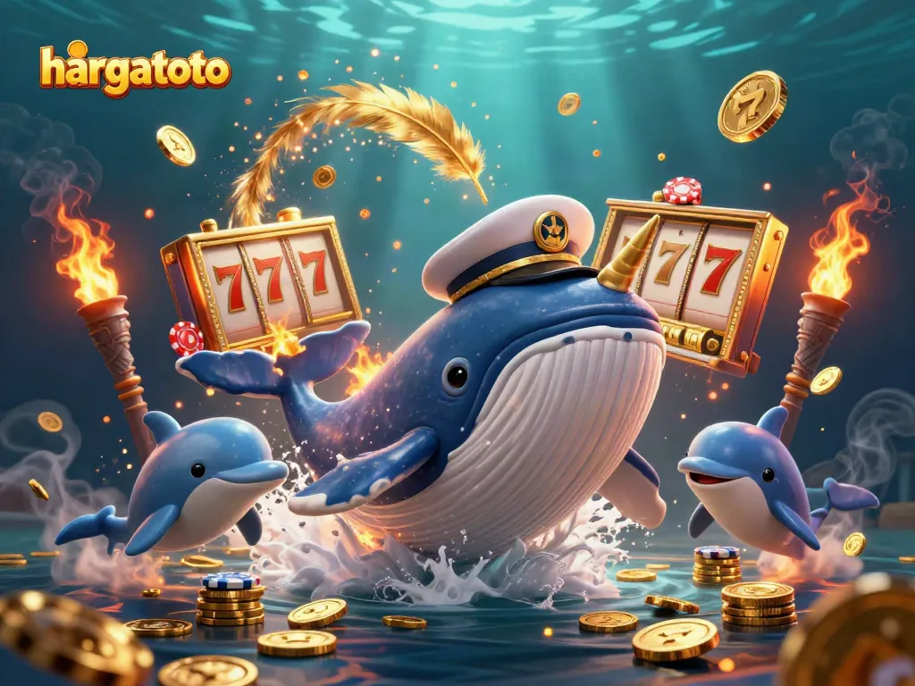 Hargatoto features a vibrant 3D illustration of a whale captain amidst a lively jackpot scene, enriched with slot elements.