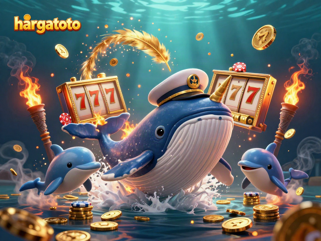 Hargatoto features a vibrant 3D illustration of a whale captain amidst a lively jackpot scene, enriched with slot elements.