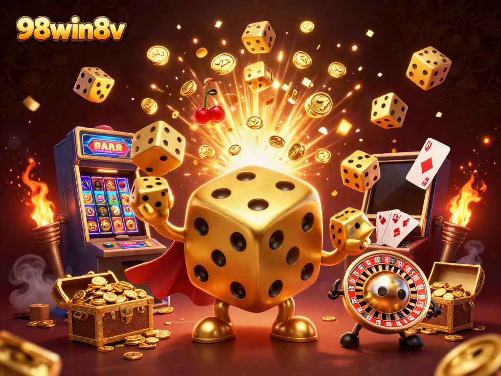 Engage with 98win8v's vibrant 3D illustration showcasing gaming excitement through a golden dice golem and slot machine.