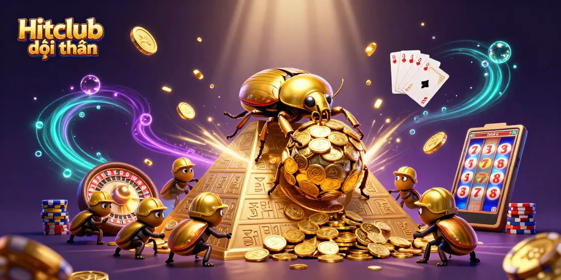Experience the excitement of Hitclub đổi thưởng with lively beetles and shining coins in a vibrant casino scene.