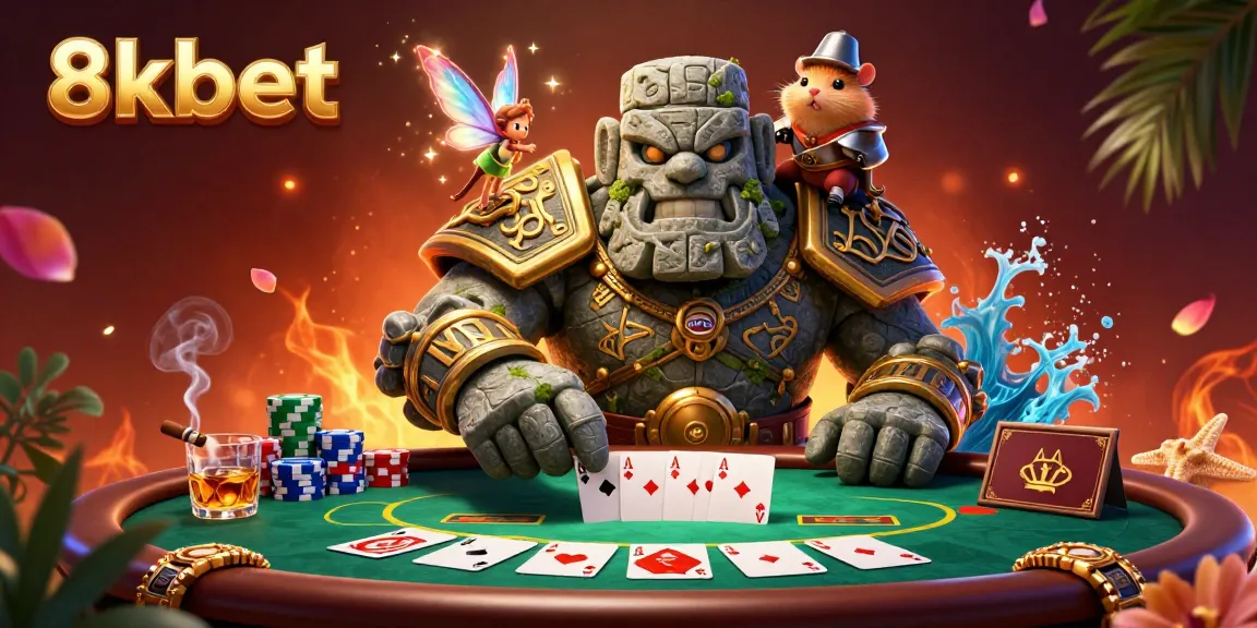 Experience the thrilling world of 8xbet as the stone guardian and companions enchant a lively casino scene.