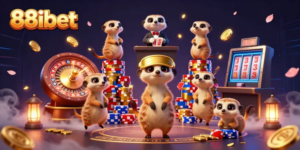 Experience the excitement at 88ibet's colorful casino, where meerkats serve as charming dealers amidst vibrant gaming elements.