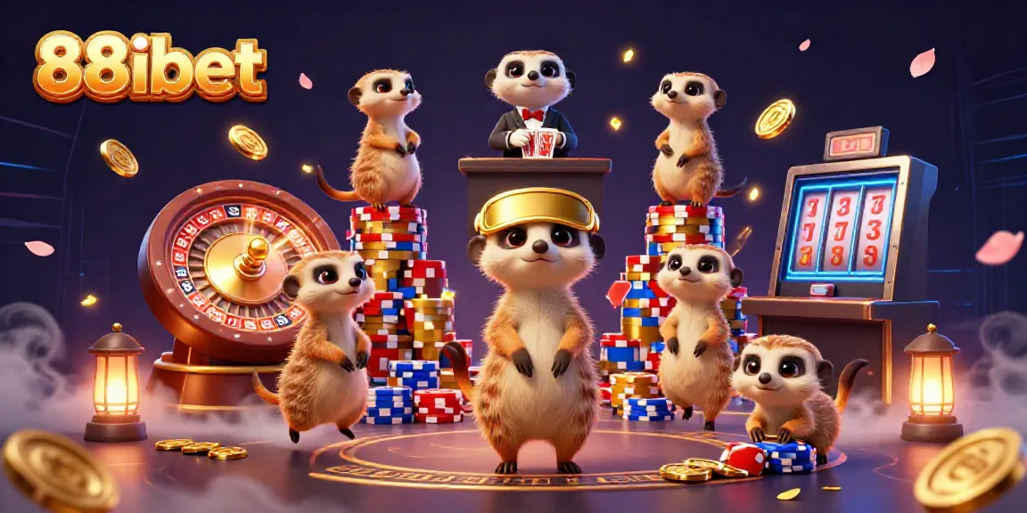Experience the excitement at 88ibet's colorful casino, where meerkats serve as charming dealers amidst vibrant gaming elements.