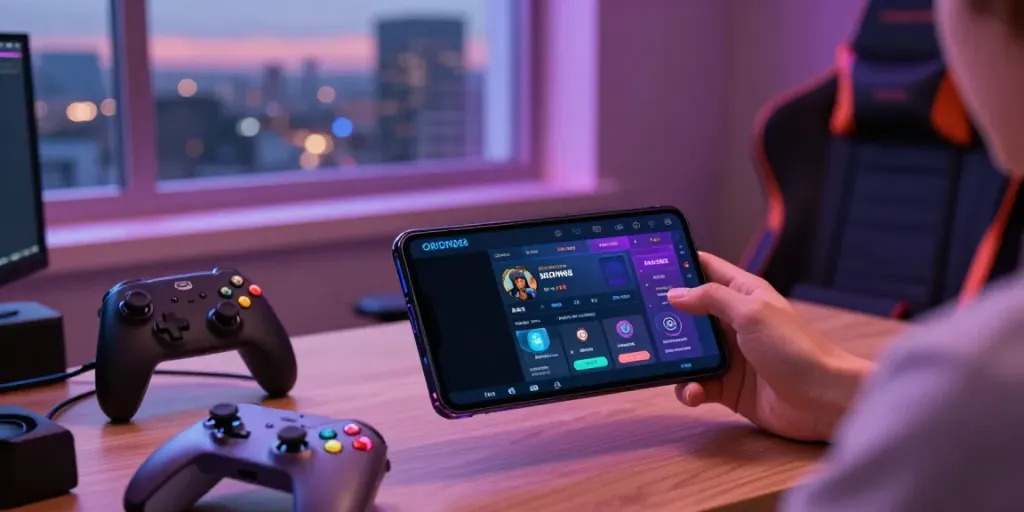 Exciting gaming scene showcasing a user engaged with the ORION88 app on a smartphone, surrounded by colorful gaming accessories.