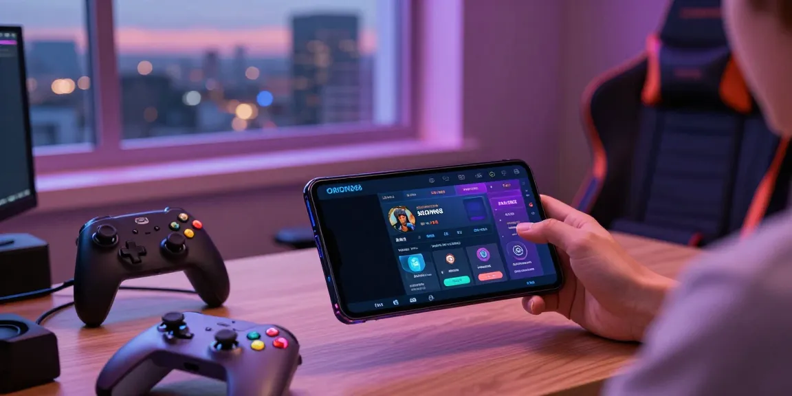 Exciting gaming scene showcasing a user engaged with the ORION88 app on a smartphone, surrounded by colorful gaming accessories.