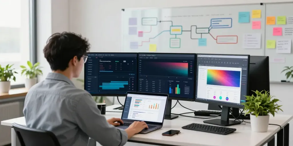 Digital marketer analyzing instant indexing data in a vibrant workspace.