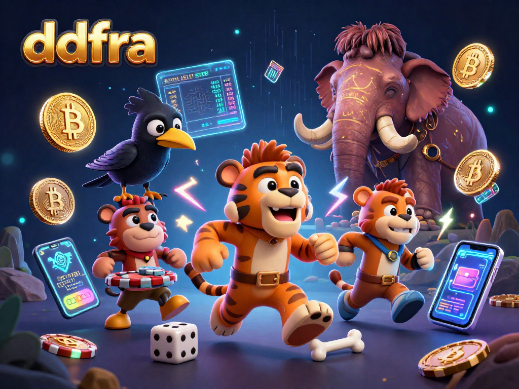Engage with ddfra's lively credit card casinos amidst a dynamic gaming scene featuring playful characters.