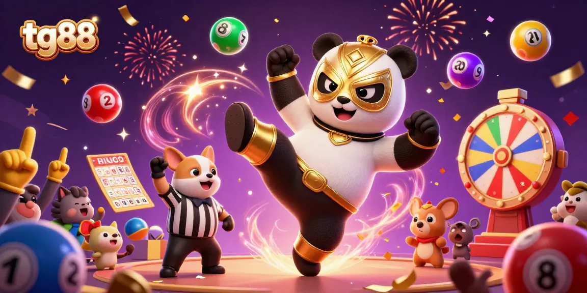 Experience thrilling moments at tg88 with a lively scene of a panda wrestler, cheering fans, and lottery chaos.