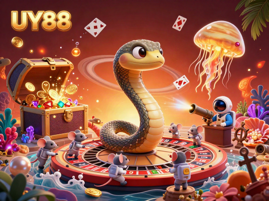 Experience thrilling bets with UY88 as a cosmic dealer in a vibrant underwater casino scene.