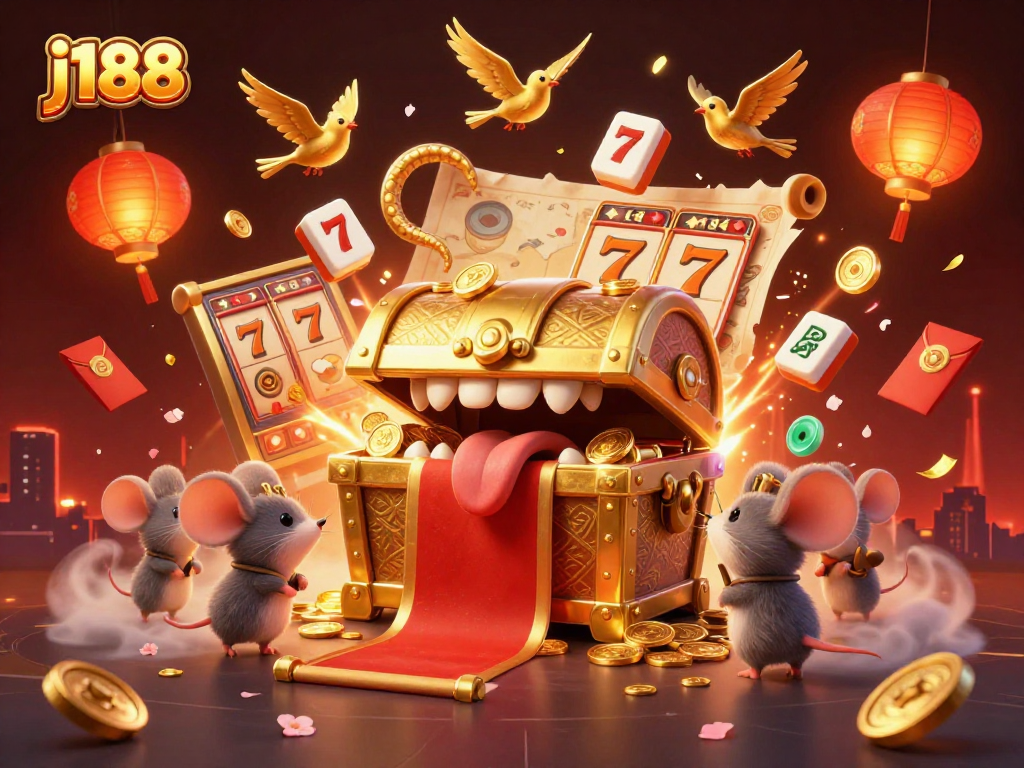 Experience exciting gameplay at j188 with vibrant treasures and captivating casino elements in a 3D illustration.