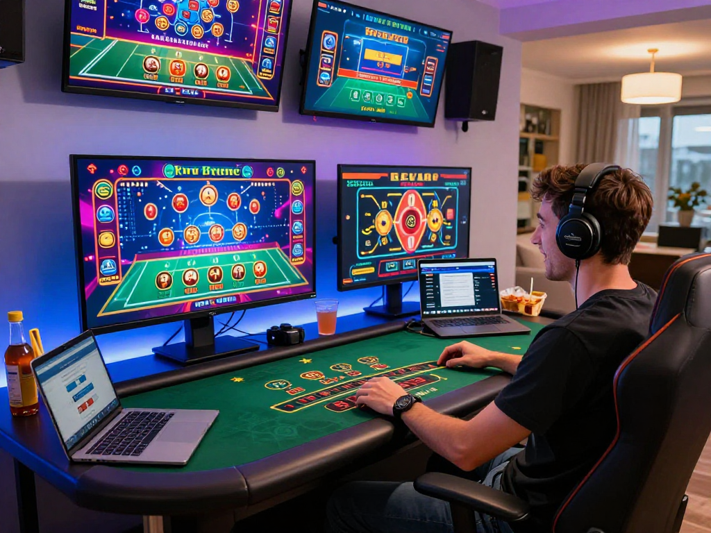 Engaged UK player enjoying live dealer blackjack at home, with vibrant online casino themes from blackhills-info.com.