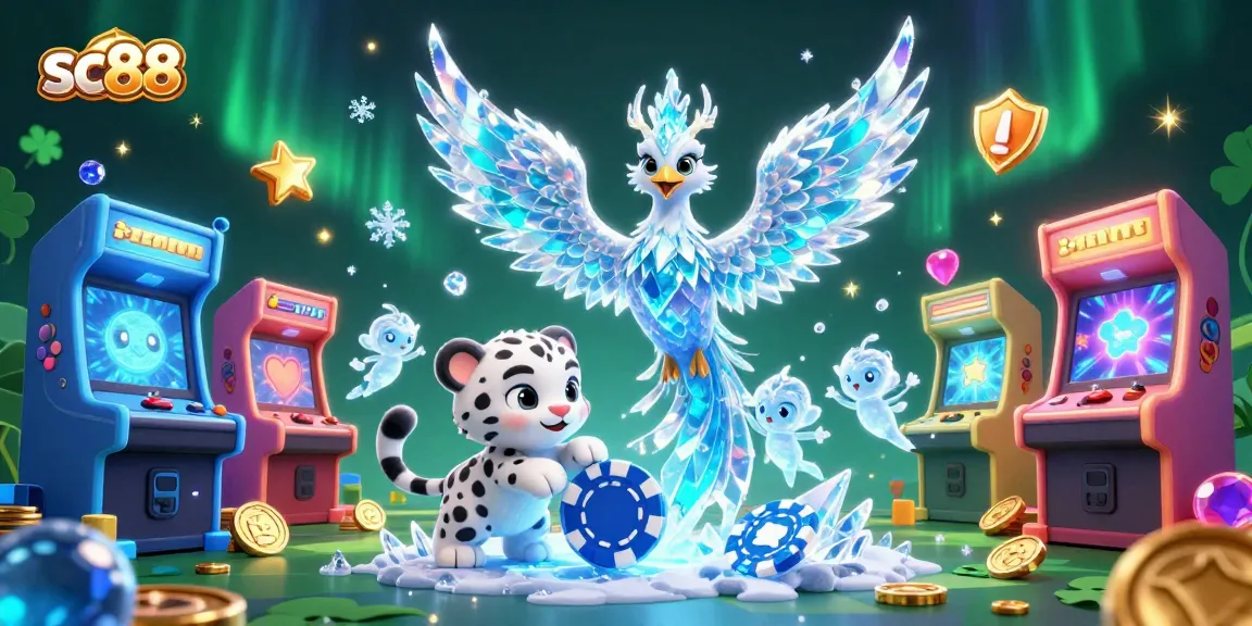 Play exciting casino games with sc88 in a vibrant, dynamic 3D illustration featuring ice-themed characters and elements.