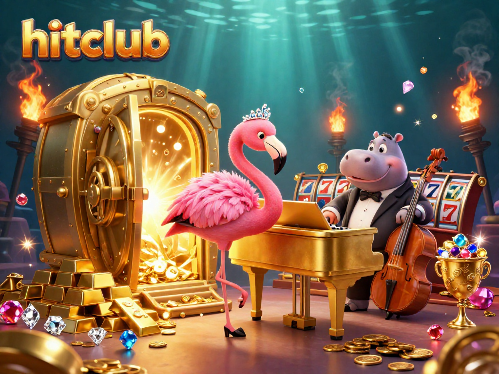Hitclub showcases vibrant casino creativity with a flamingo singer and hippo bassist in a rich 3D scene.