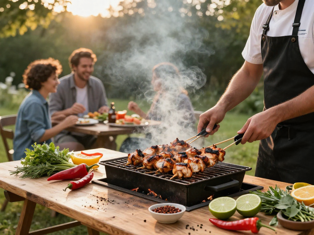 Flavorful grilled chicken skewers and fresh ingredients from sambalrawitankoko.com in a lively barbecue setting.