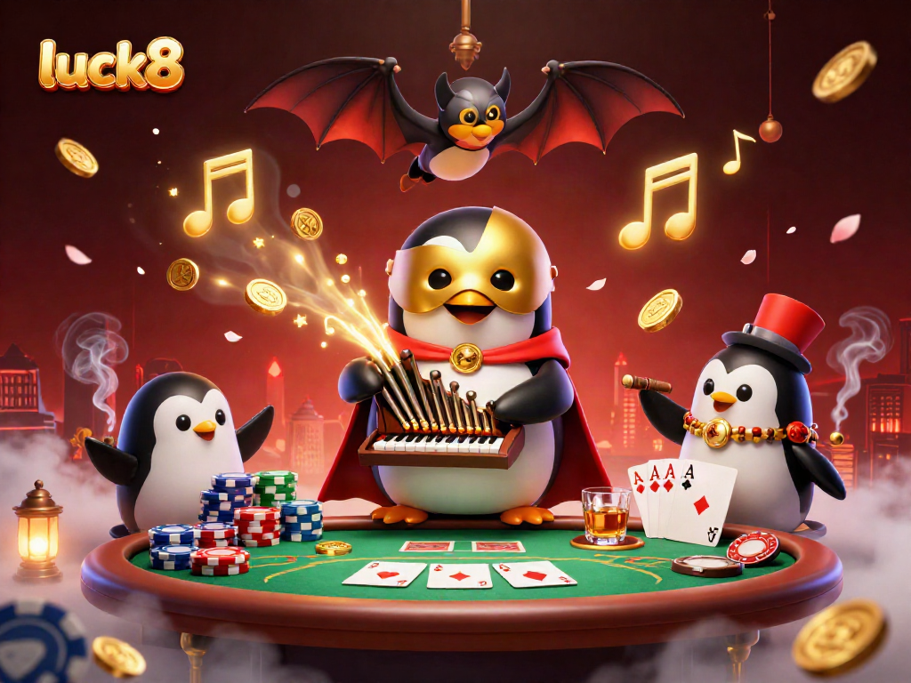 Experience luck8 with a 3D illustration of a phantom penguin organist amidst poker excitement and golden coins.