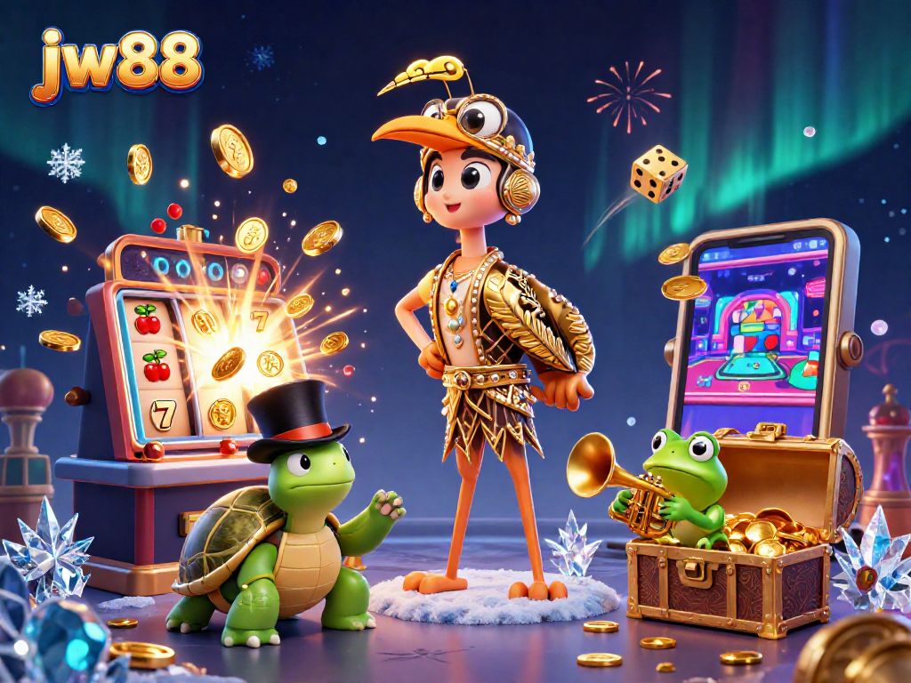 Spin and win at JW88 with vibrant characters and jackpot elements in this colorful casino scene.