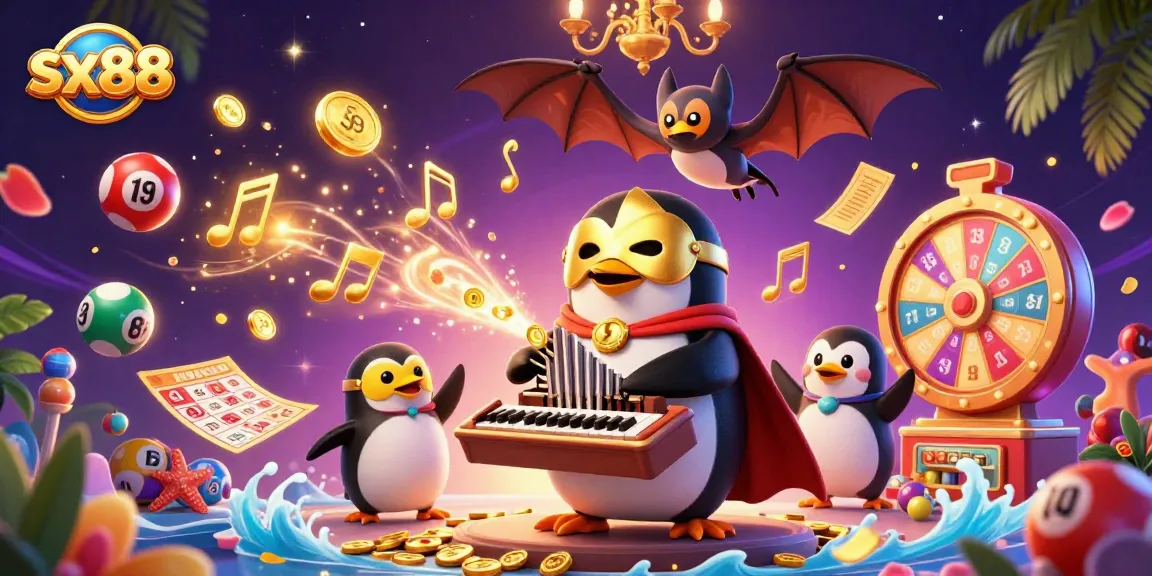 Engage with the thrilling world of sx88 as a 3D cartoon penguin plays for golden riches amidst colorful lottery elements.