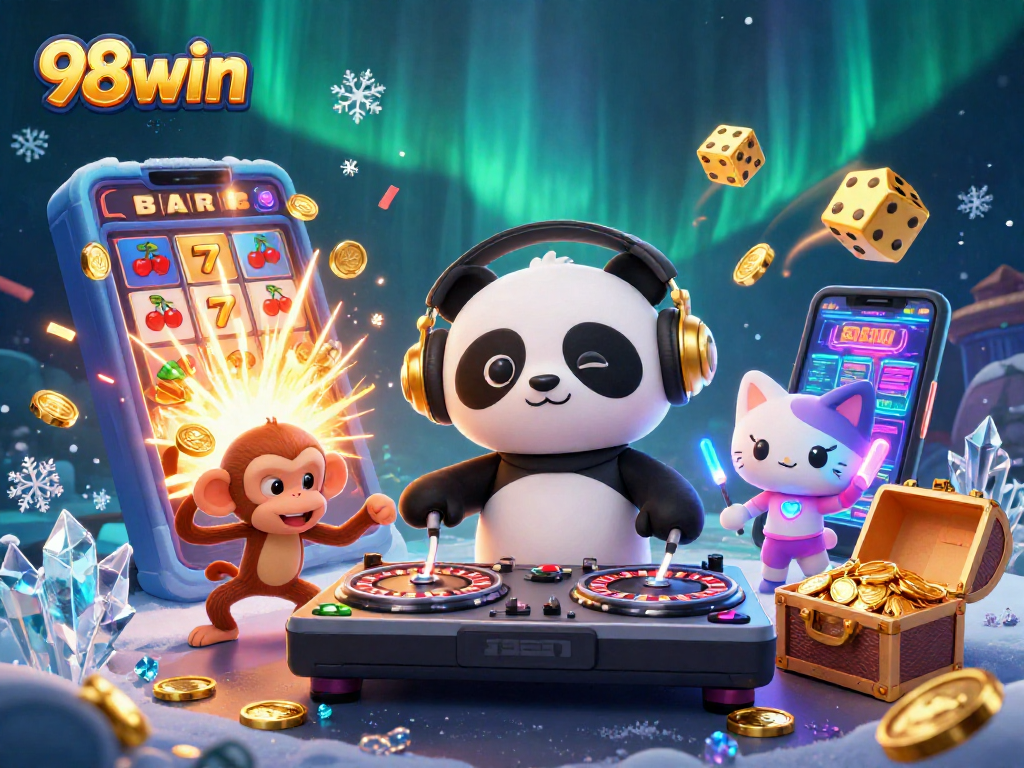 Engage with 98win's vibrant jackpot celebration featuring a DJ panda, dancing monkey, and glowing kitten.