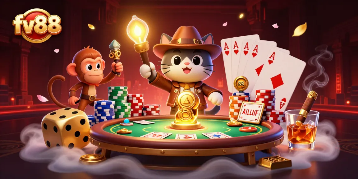 fv88 casino exploration scene with a cat archaeologist and monkey companion finding treasures