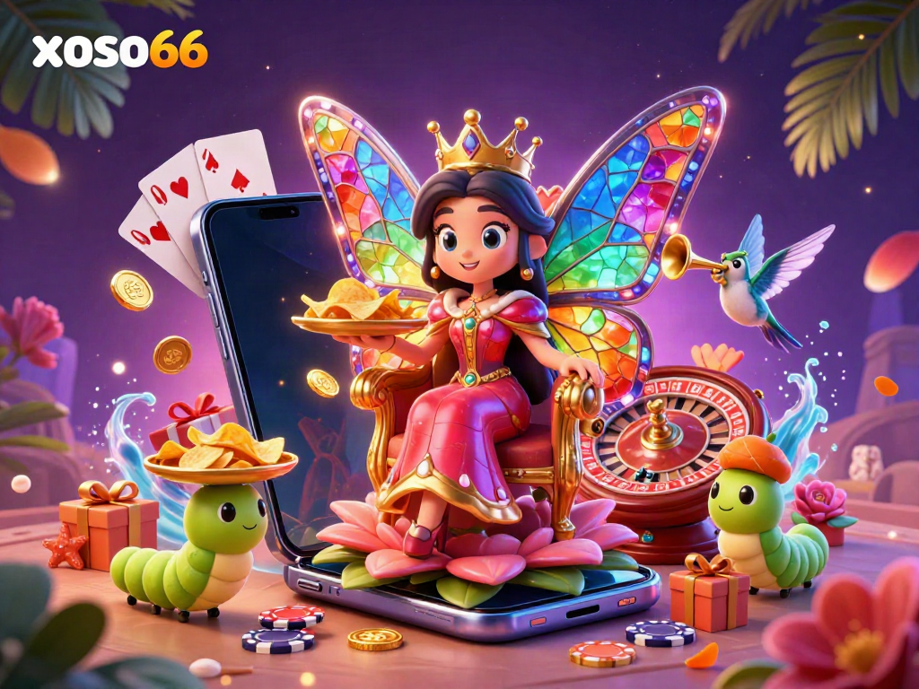 Engage with xoso66's vibrant gaming world featuring a butterfly queen on a flower throne surrounded by casino elements.